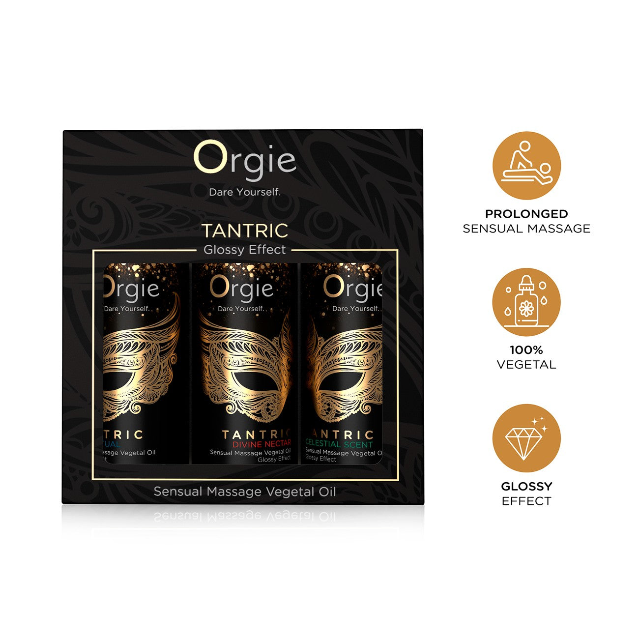 ORGIE | Set de Aceites de Masaje Tántrico Sensual – Efecto Glossy – Tamaño Mini 3 x 30 ml