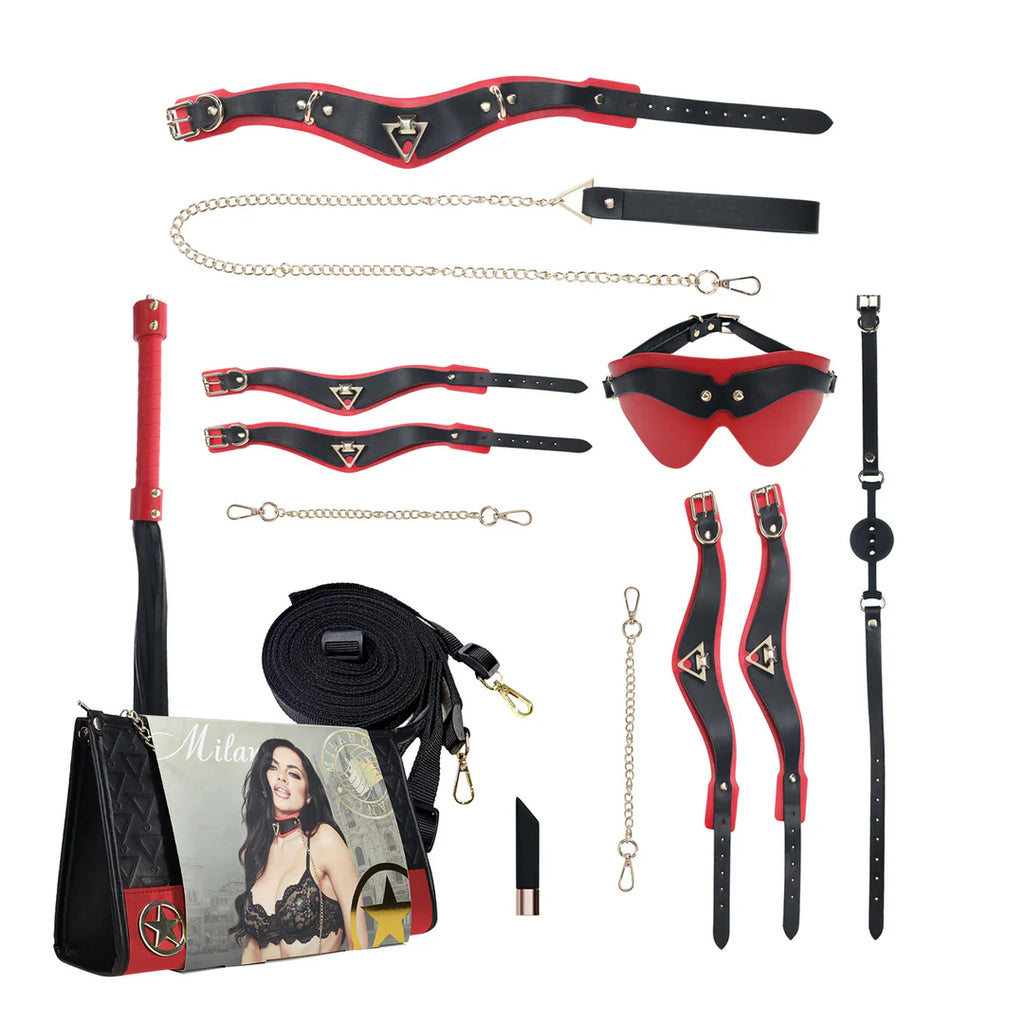 OUCH! | Milan Collection – 8-Piece BDSM Kit with Handbag – Black/Red
