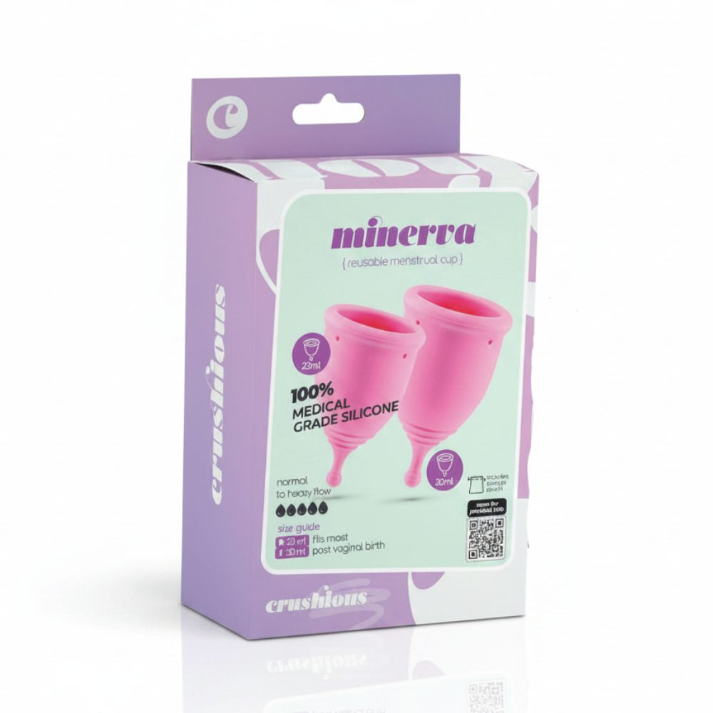 CRUSHIOUS | Set Copas Menstruales Minerva S + L – 2 Tallas – Con Bolsa o Con Limpiador