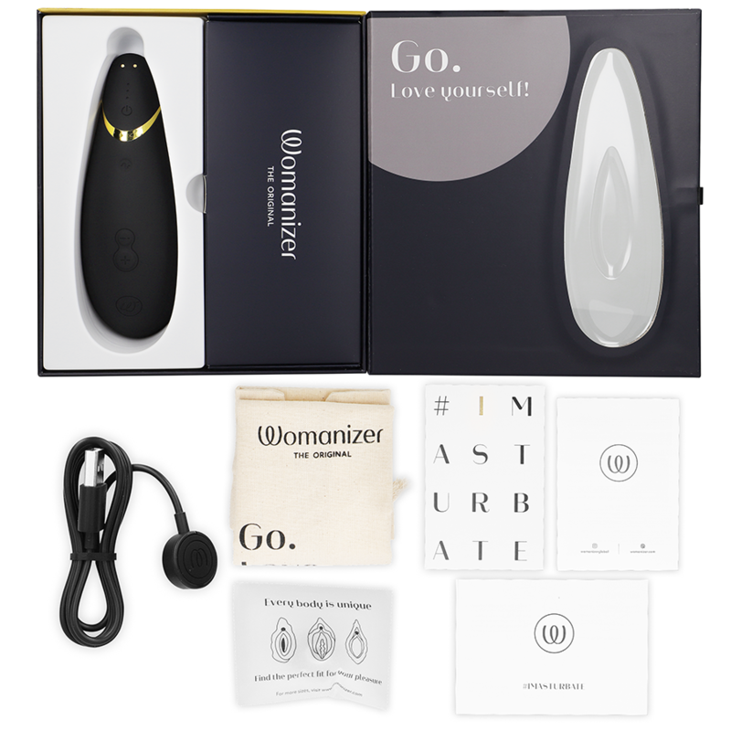 WOMANIZER | Premium 2 – Estimulador de clítoris con Pleasure Air y Autopilot – IPX7 sumergible – Negro / Gris cálido / Blueberry / Raspberry