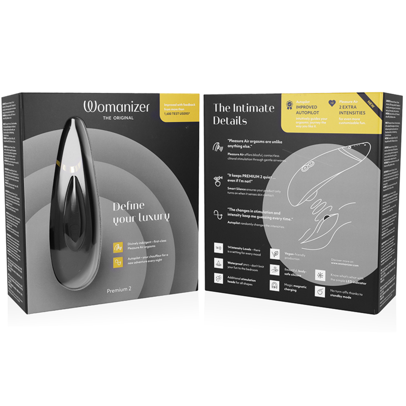 WOMANIZER | Premium 2 – Estimulador de clítoris con Pleasure Air y Autopilot – IPX7 sumergible – Negro / Gris cálido / Blueberry / Raspberry