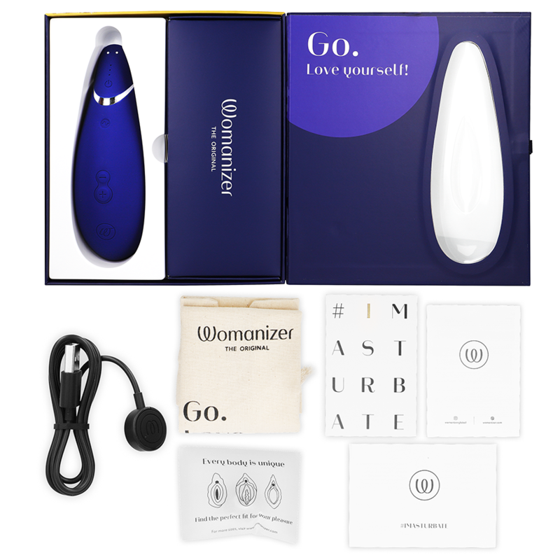 WOMANIZER | Premium 2 – Estimulador de clítoris con Pleasure Air y Autopilot – IPX7 sumergible – Negro / Gris cálido / Blueberry / Raspberry