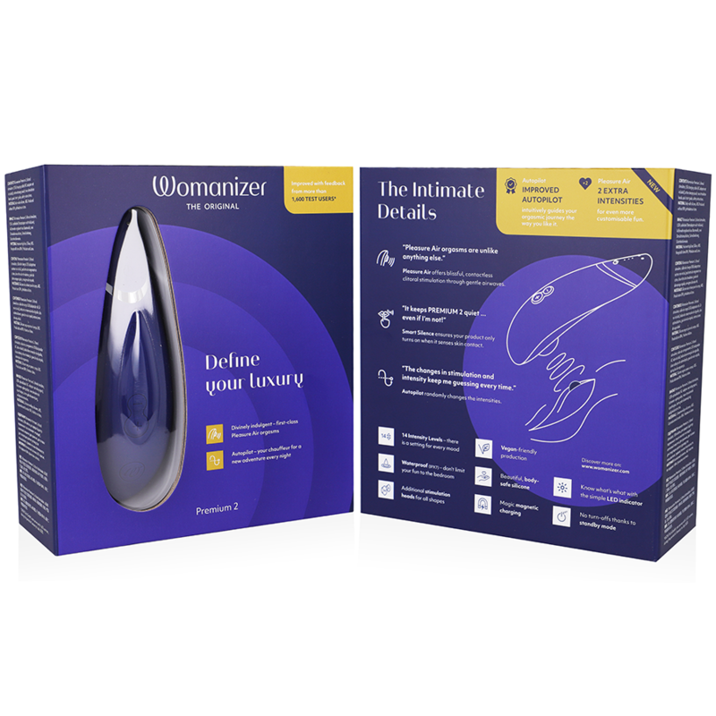 WOMANIZER | Premium 2 – Estimulador de clítoris con Pleasure Air y Autopilot – IPX7 sumergible – Negro / Gris cálido / Blueberry / Raspberry