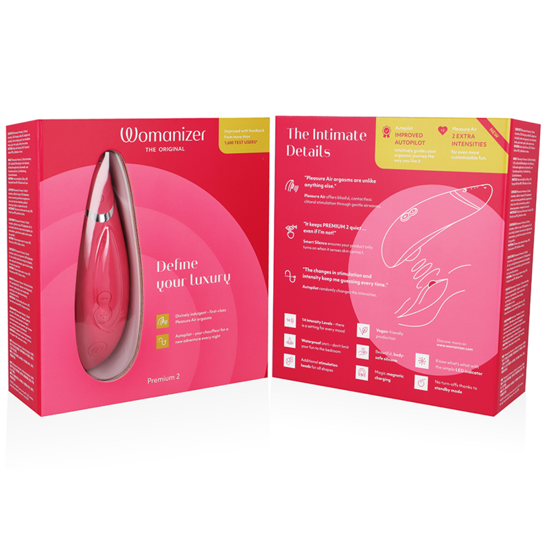 WOMANIZER | Premium 2 – Estimulador de clítoris con Pleasure Air y Autopilot – IPX7 sumergible – Negro / Gris cálido / Blueberry / Raspberry