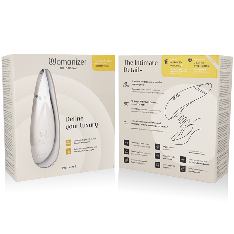 WOMANIZER | Premium 2 – Estimulador de clítoris con Pleasure Air y Autopilot – IPX7 sumergible – Negro / Gris cálido / Blueberry / Raspberry